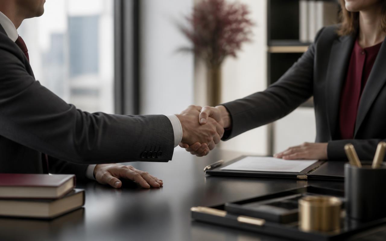 Aperto de mãos corporativo em ambiente de escritório elegante